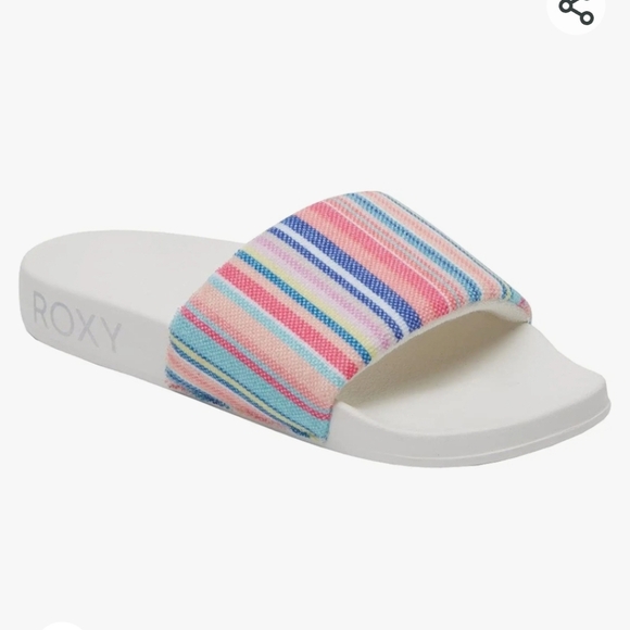 Roxy Slippy Terry Cloth Slides Sandals White Pink Rainbow Stripe Size 7 Womens - Picture 1 of 7